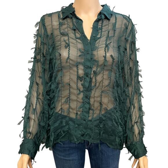 Zara Fringe Button Down Blouse Small Sheer Chiffon Dark Green Long Sleeve Goth - Picture 1 of 9